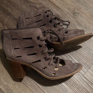 Vince Camuto Taupe Suede Cutout Lace-Up Block Heel Booties
